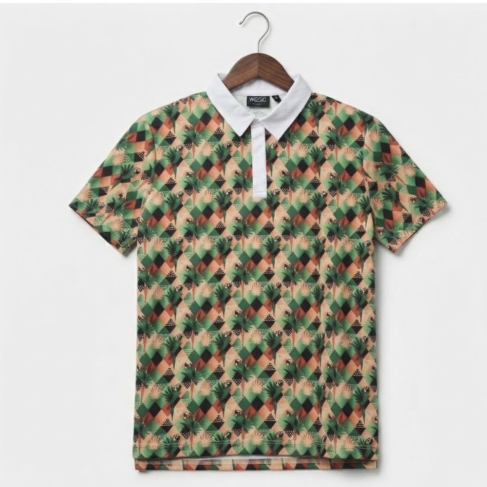 WeSC Tropical Argyle Parrot Print Polo Short Sleeve Unisex Vacation L / XL